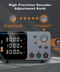 High Precision DC Power Supply With Encoder Knob 30V 10A close-up, showing digital display and adjustment instructions