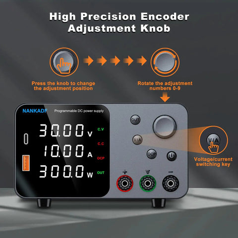 High Precision DC Power Supply With Encoder Knob 30V 10A close-up, showing digital display and adjustment instructions