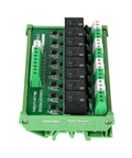 8 Channel SPDT DIN Rail Mount Relay Module 24V DC And AC Plug And Play Interface Board for PLC, green casing, front view