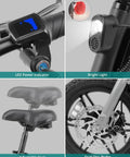 Nano 14-Inch Folding Electric Bike with 350W Motor 15.5 Mph Top Speed showing LED indicator, light, seat, disc brake