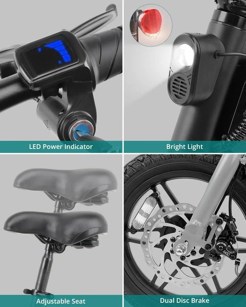 Nano 14-Inch Folding Electric Bike with 350W Motor 15.5 Mph Top Speed showing LED indicator, light, seat, disc brake