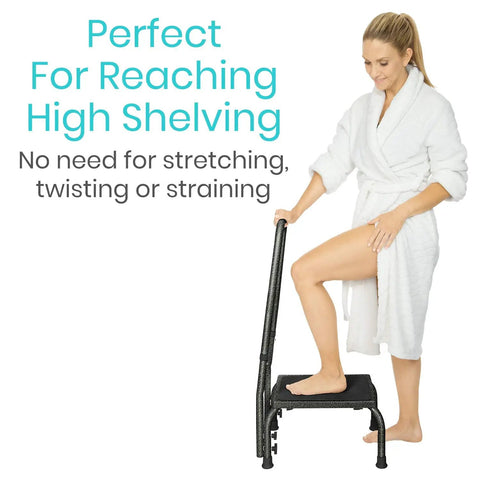 Woman in robe using Step Up Stool With Handy Grip For Seniors And Adults Heavy Duty Bariatric Metal Bedside Bath Stool Up To 300 Pounds Non Slip Platform With Wide Angled Legs For Stable Easy Access
