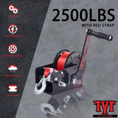 2500 Lb Boat Trailer Winch With 26 Ft Red Strap Built Tough Steel Hand Crank Winch for RV Jet Ski Boat Towing display