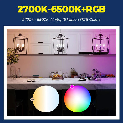 Kitchen with E12 Smart LED Bulbs 60W Equiv Candle Candelabra, RGBCW Color Changing, show color spectrum and lighting effects