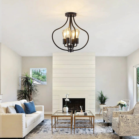 Go-To Four Light Farmhouse Semi Flush Ceiling Light In Black illuminating stylish living room with modern decor.
