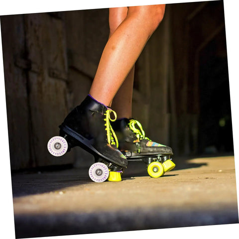 Person skating with 2 Pack LED Quad Roller Skate Wheels Light Up Replacement For Indoor Outdoor Skating Smooth Glide
