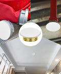Straight Up Secure White Flat Fire Sprinkler Head Covers 4 Pack Galvanized Steel Guard Caps For Ceiling Pipe Safety And Dead Easy Snag Proof Installation on ceiling pipes, showcasing installation ease and design.