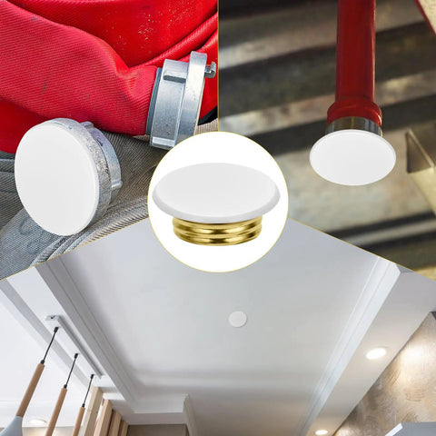 Straight Up Secure White Flat Fire Sprinkler Head Covers 4 Pack Galvanized Steel Guard Caps For Ceiling Pipe Safety And Dead Easy Snag Proof Installation on ceiling pipes, showcasing installation ease and design.