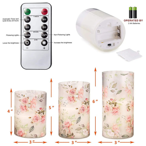 Pink Flameless Candles With Remote Timer, Flickering Glass Pillar Candles For Romantic Vibes, Battery LED Pillars With 2 4 6 8 Hour Timers, Rose Themed Decor shown with remote control and AA battery compartment
