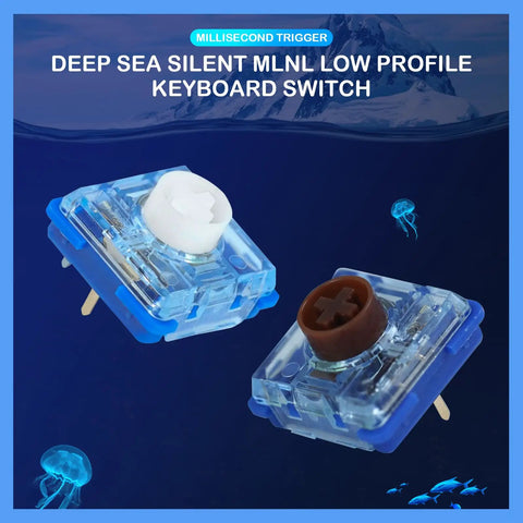Unmute Dope Low Profile Mechanical Keyboard Switch Set For 3 Pin RGB SMD MX White Linear 35 Pack With 43gf Actuation 1.3mm Travel 2.8mm Total Travel Built For 50 Million Keystrokes Smooth And Responsive Typing. Clear blue low-profile 3-pin RGB mechanical keyboard switches with white and brown stems