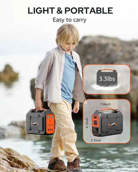 Child carrying Solar Powered Portable Generator Kit With 200W Peak Output And 100W Rated, showing dimensions and weight