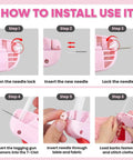 Installation steps for Mini Stitch Gun For No Sew Hem Fix And Button Rescue Kit with images showing needle insertion and fastener loading.