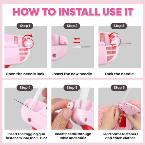 Installation steps for Mini Stitch Gun For No Sew Hem Fix And Button Rescue Kit with images showing needle insertion and fastener loading.
