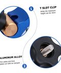Close-up of Woodworking T Track Hold Down Clamp with quick-act pressure plate, showing blue aluminum alloy and T slot clip features.