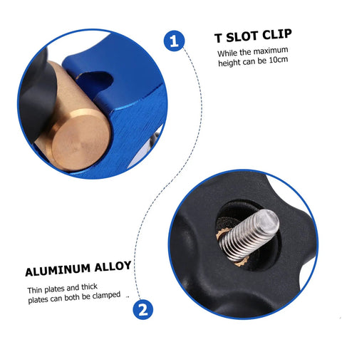 Close-up of Woodworking T Track Hold Down Clamp with quick-act pressure plate, showing blue aluminum alloy and T slot clip features.
