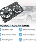No Sweat Dual Electric Radiator Cooling Fan Assembly Direct Swap Fit For Vw Golf Beetle Jetta Rabbit 2.0L 2.5L Beats Engine Heat Daily with twin blades and black frame.