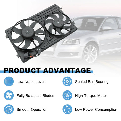No Sweat Dual Electric Radiator Cooling Fan Assembly Direct Swap Fit For Vw Golf Beetle Jetta Rabbit 2.0L 2.5L Beats Engine Heat Daily with twin blades and black frame.