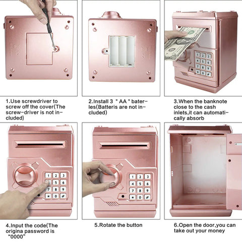 Cool Mini ATM Piggy Bank For Kids With Electronic Code Lock And Money Counter, Safe Coin Bank For Boys And Girls, Password Lock Case In Rose Gold, Kid Approved Gift That Teaches Smart Saving Habits user instructions