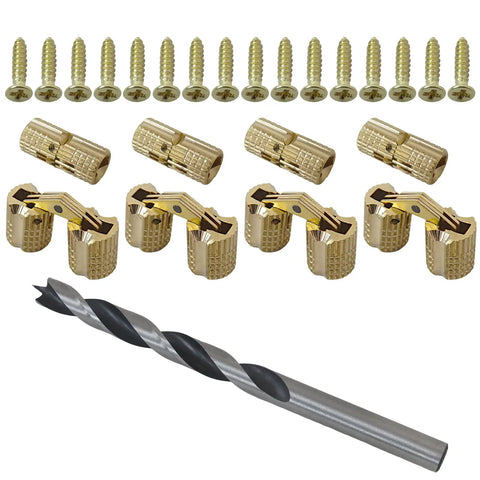 Eight Pieces 8mm Hidden Brass Barrel Hinges for Cabinets with drill bit and screws, gold finish, easy install DIY projects