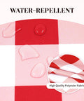 Close-up of water droplets on red and white gingham fabric, illustrating spill-proof feature of Round 60 Inch Outdoor Tablecloth With Umbrella Hole And Zipper, Red And White Gingham, Spill Proof And Washable, Easy Clean For Patio Garden Poolside Picnics Camping And BBQs.