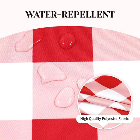 Close-up of water droplets on red and white gingham fabric, illustrating spill-proof feature of Round 60 Inch Outdoor Tablecloth With Umbrella Hole And Zipper, Red And White Gingham, Spill Proof And Washable, Easy Clean For Patio Garden Poolside Picnics Camping And BBQs.