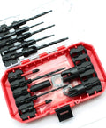 Score Big On Fine Woodwork With This 15 Piece Countersink Tapered Drill Bit Kit featuring black drill bits in red storage case.