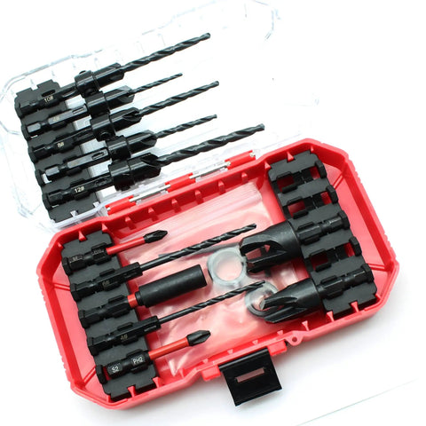 Score Big On Fine Woodwork With This 15 Piece Countersink Tapered Drill Bit Kit featuring black drill bits in red storage case.