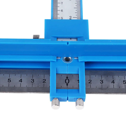 Precision Aluminum Punch Locator Drill Guide Jig For Pro Level Cabinetry And Carpentry Delivering Straight Up Zero Drama Doweling and Knockout Fitment Every Time measuring scale in blue plastic.