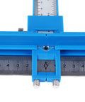 Boss Level Aluminum Punch Locator Drill Guide close-up of blue adjustable measuring jig for precise cuts and markings.