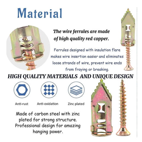 50 Piece Self Drilling Drywall Screws Anchor Kit With Yellow Zinc Plated Carbon Steel Wall Plugs Dowel Set For Quick No Prep Install And Solid Home DIY Shelving Pictures And Decor, zinc-plated anchors