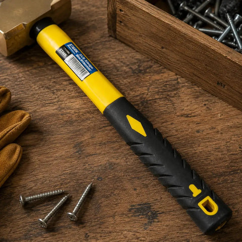 Two Pound Brass Head Sledge Hammer With Fiberglass Handle, Workhorse Impact Tool on wooden surface with screws