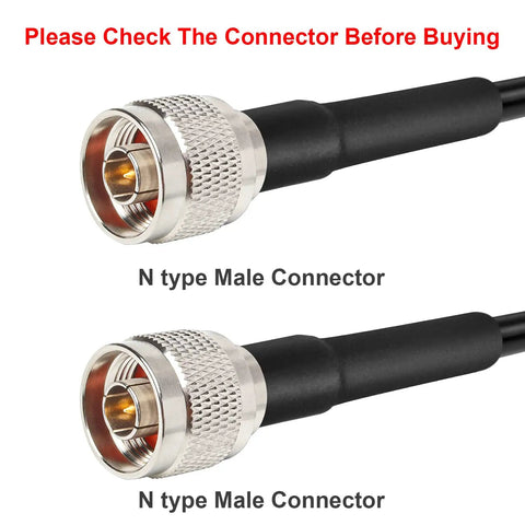 Close-up view of N type male connector for 50 Foot N Male To N Male Coax Extension Cable Ultra Low Loss 50 Ohm For 3G 4G 5G LTE GPS WiFi RF Ham Radio Antenna Or Signal Booster Not For TV Beef Up Your Signal Great For Mobile Hotspots Home Office Boost Outdoor Antenna Setup And Ham Projects.