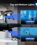 7-Inch Screen Digital Microscope With X-Y Stage, HDMI And USB Output, Wireless App Control, showing top and bottom lights feature.