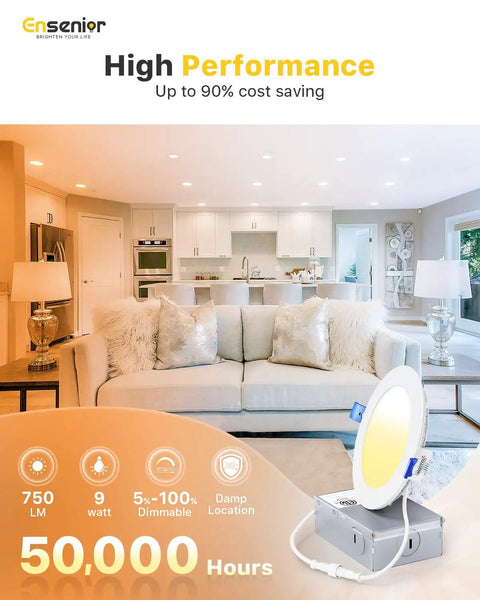 4 Inch LED Recessed Canless Wafer Light Pack of 12, Dimmable 5000K Daylight, 750LM Bright As Day, modern living room view