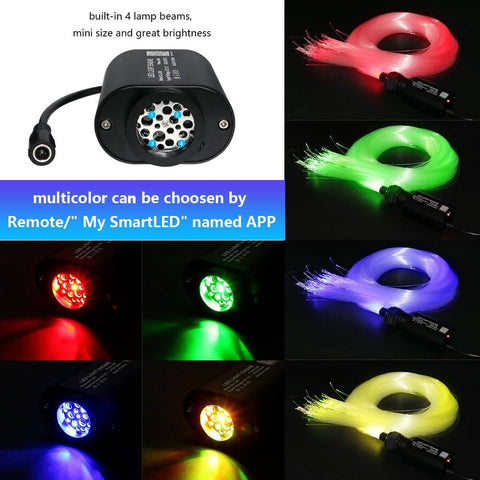 Mini 6W Starlight Headliner Kit With Twinkle And Sound Activated Fiber Optic Lights, multicolor options shown with app control