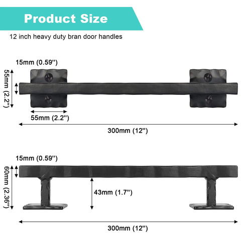 Front and side view of Rustic Barn Door Handle 12 Inch Heavy Duty Matte Black Sliding Door Pull For DIY Barn Door Gate Shed Or Garage Solid Square Metal Construction With Heavy Duty Mounting Hardware And Durable Timeless Design.