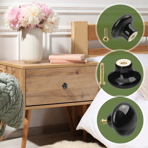 40 Pack Black Ceramic Cabinet Knobs Set With Glossy Mushroom Style Finish on a wooden nightstand with floral vase
