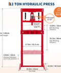 12 Ton Hydraulic H Frame Shop Press With Adjustable Workbench, displaying dimensions, weight, and specs for automotive tasks.