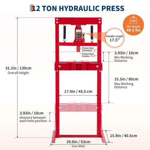 12 Ton Hydraulic H Frame Shop Press With Adjustable Workbench, displaying dimensions, weight, and specs for automotive tasks.