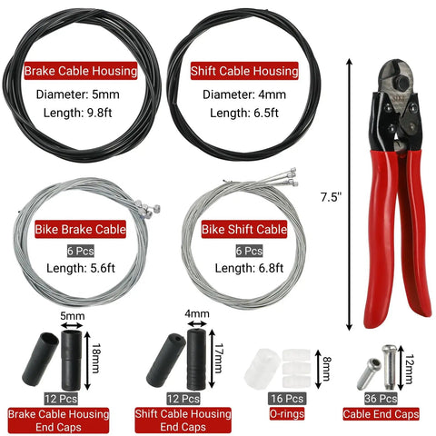 91 Piece Bike Cable Kit With Cutter, Complete Shifter And Brake Cables, Stainless Steel Housing, End Caps, O Rings, Cable Housing