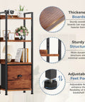 4 Tier Bookshelf With Fabric Drawer And Industrial Wood And Metal Storage Shelf Space Saver For Small Rooms In Bedroom Or Living Room Narrow Tall Display Stand In Brown with decor, strong frame, and adjustable feet.