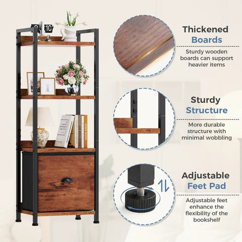 4 Tier Bookshelf With Fabric Drawer And Industrial Wood And Metal Storage Shelf Space Saver For Small Rooms In Bedroom Or Living Room Narrow Tall Display Stand In Brown with decor, strong frame, and adjustable feet.