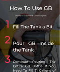 Instructions for using Powerful Gas Saver Additive 5 Bottle Pack for gasoline and diesel engines, steps shown on gas pump image.