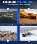 Various vehicles showcasing off-road performance in different terrains including mud, sand, and snow.