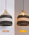 Rattan Pendant Light For Kitchen Island And Living Room And Bedroom Boho Woven Chandelier Handmade Ceiling Lamp With Safe Durable Build And E26 E27 Bulb Compatibility Ideal For Modern Rustic Homes, shown on and off