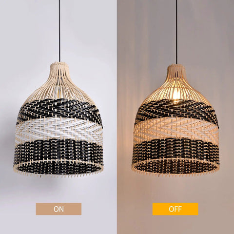 Rattan Pendant Light For Kitchen Island And Living Room And Bedroom Boho Woven Chandelier Handmade Ceiling Lamp With Safe Durable Build And E26 E27 Bulb Compatibility Ideal For Modern Rustic Homes, shown on and off