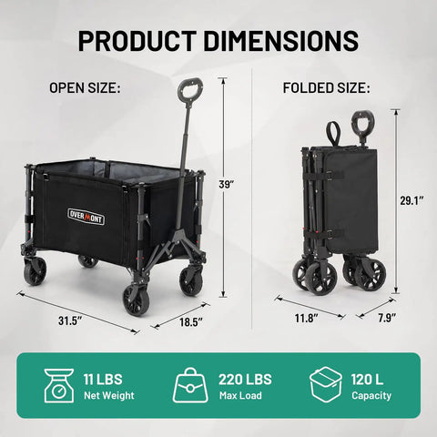 Ultra Light Collapsible Wagon Cart With All Terrain Wheels For Everyday Use, Grocery Shopping, Camping And Travel, 120L Capacity, Foldable Utility Wagon dimensions and folded view