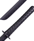 Close-up of Dope Training Katana Sword For Martial Arts Practice, black blade and textured handle, safe, durable for sparring and fun.