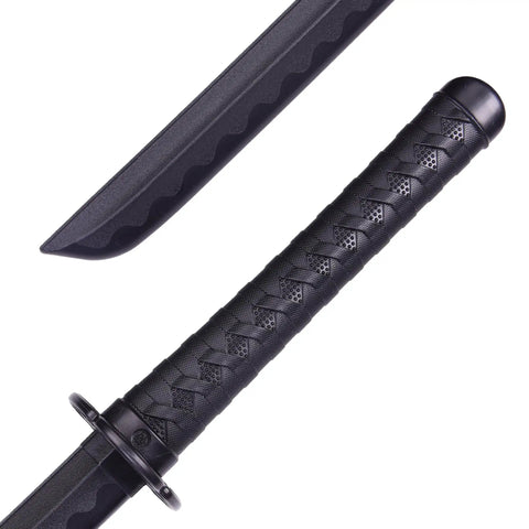 Close-up of Dope Training Katana Sword For Martial Arts Practice, black blade and textured handle, safe, durable for sparring and fun.