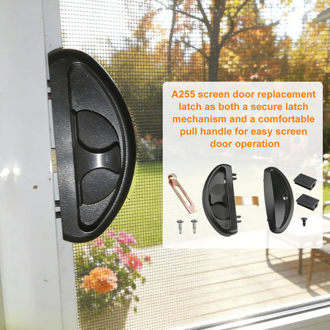 Replacement Screen Door Handle For CRL A255 And Andersen Sliding Doors Black Finish Latch And Pull For Patio And Balcony Screens Simple Install And Durable Fit shown on a door.